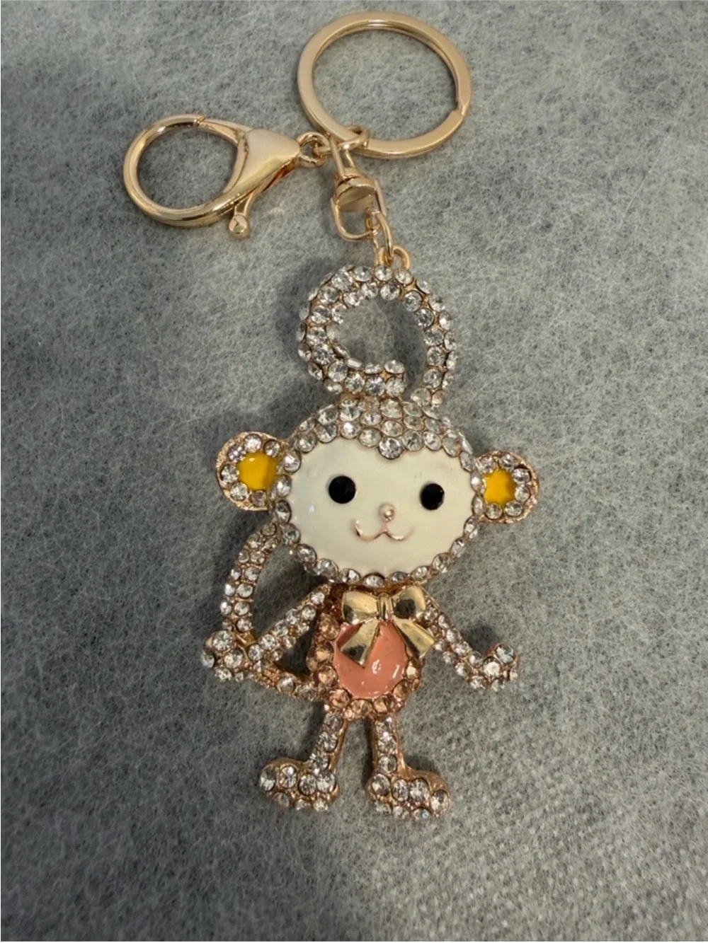 Rhinestone Monkey Keychain Charm - Gold Tone with White, Pink & Yellow Enamel